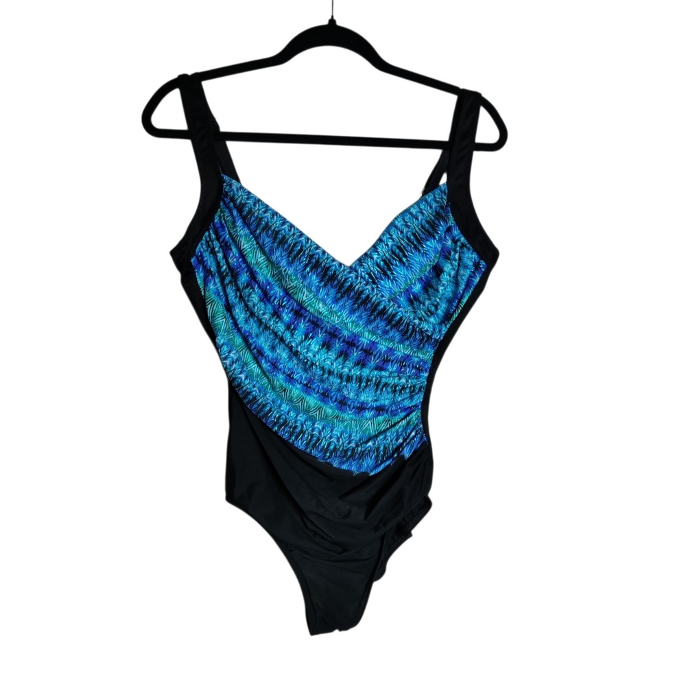 Miraclesuit Sanibel One Piece Swimsuit Blue Teal Abstract Print Black Womens 14